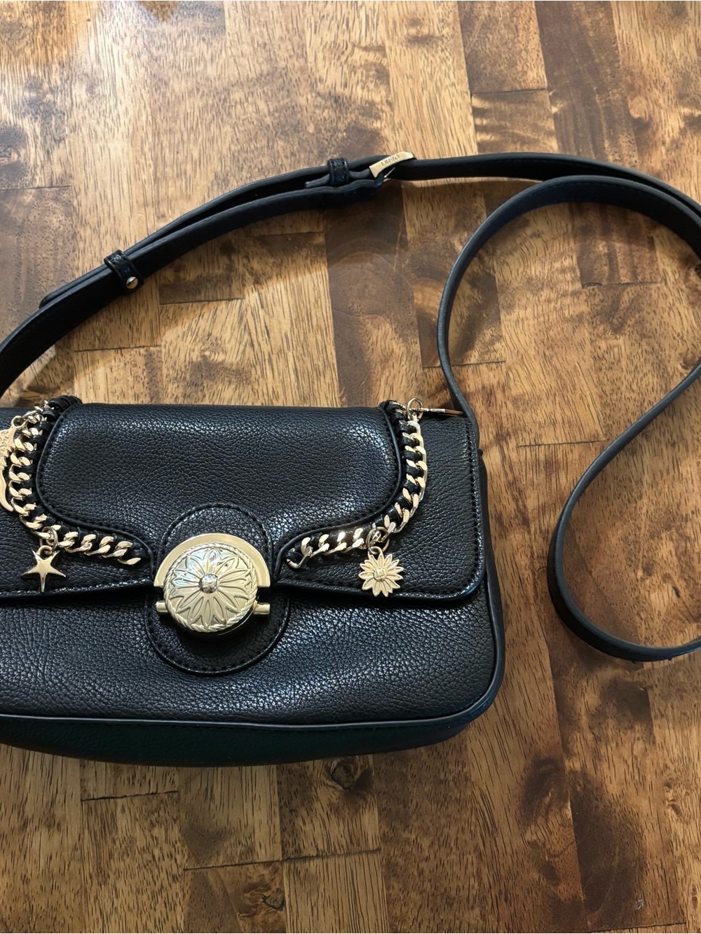 Black Leather Crossbody Bag with Gold Chain Accents LIU JO